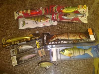 мини-джерки Strike Pro Baby Buster - 6 Ls, Buster Jerk II - 7 Ls<br />Megabass Dorum 120 - 22 Ls<br />Yo-Zuri Hardcore Type 0 - 7.5 Ls<br />Raiden (китайский Хардкор) - 4 Ls<br />Jackall Cherry 0 Footer 56 (б/у) - 8 Ls<br />Savage Gear 4Play - 10 Ls<br />Reaction Strike 5" (отпилена лопата, глубина - 10-20 см) - 8 Ls